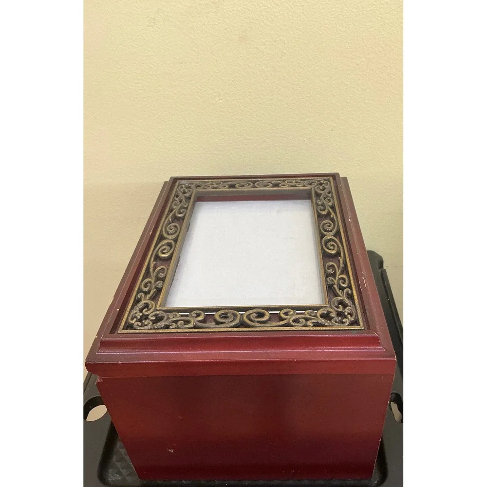 Vintage Wooden Photo Storage Box Ornate Metal Frame Lid Cherry Finish Organizer
